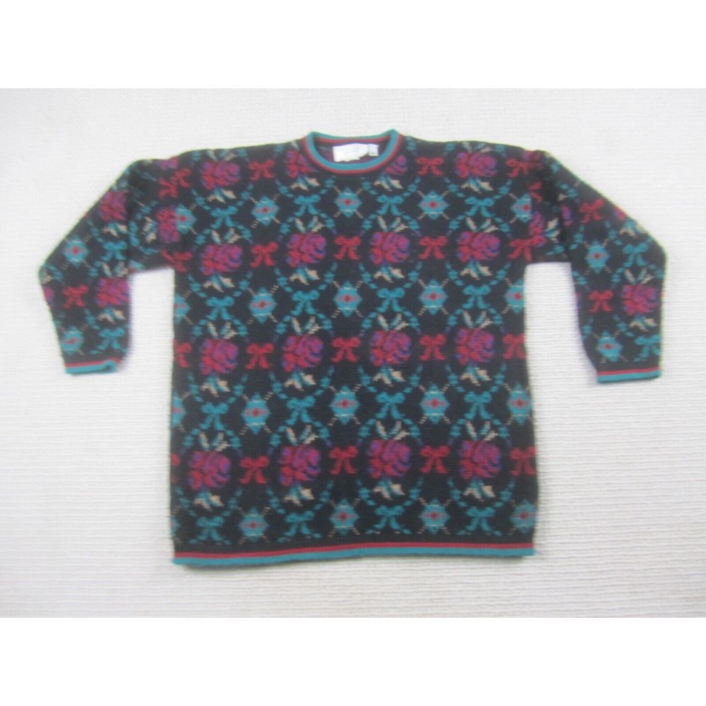 VTG United States Sweater Mens Medium Black Red Green Geometric Shapes Pullover‎